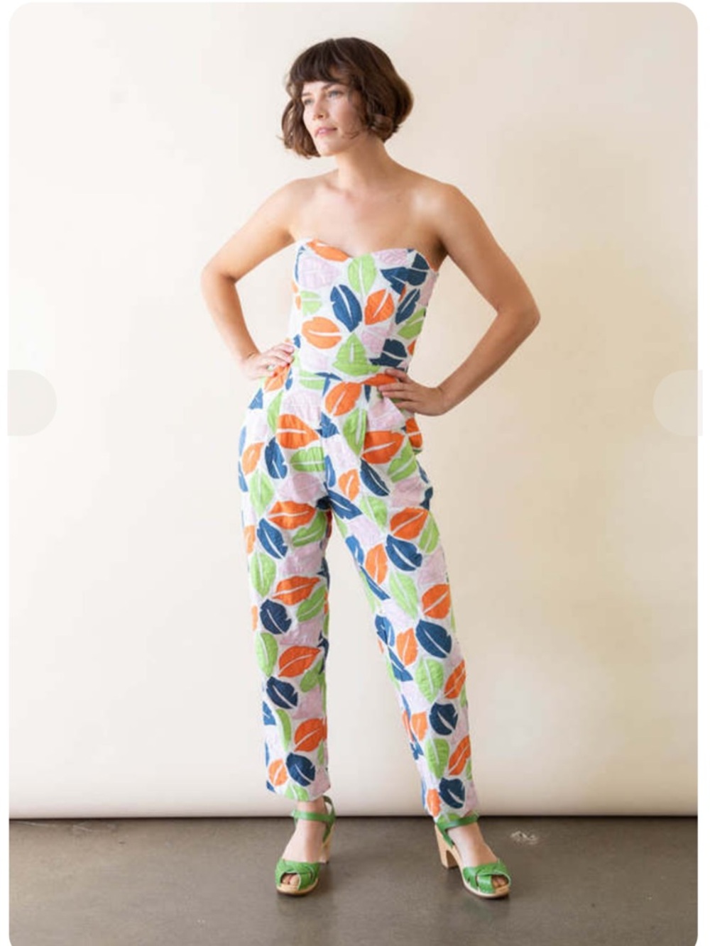 The Odells Ellie Jumpsuit off the shoulder colorful appliqué size 12